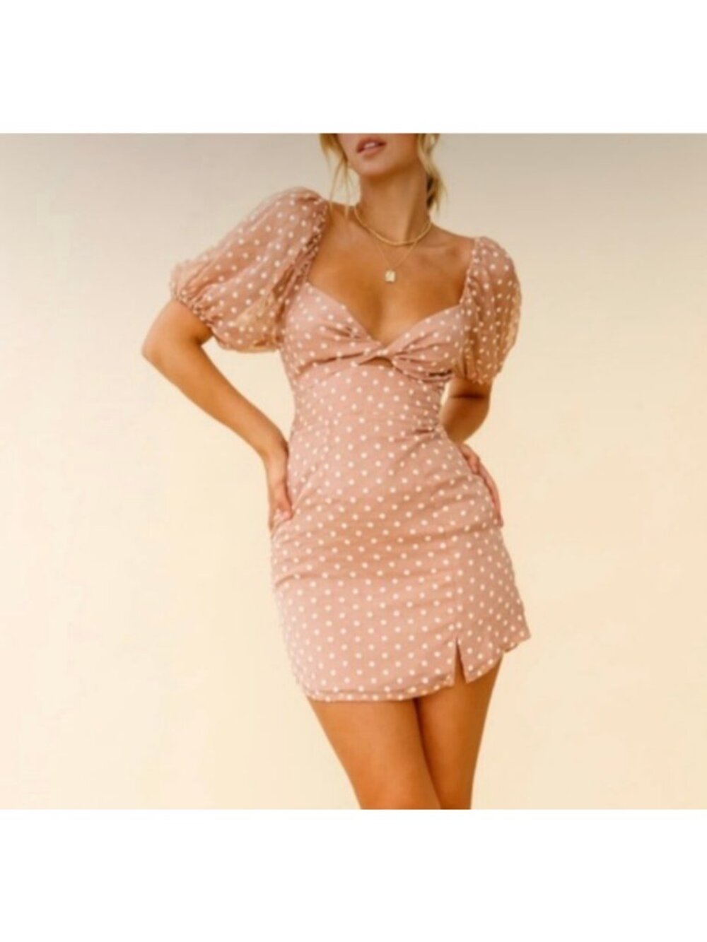 Selfie Leslie Molli Sheer Puff Sleeve Twist Front Dress S